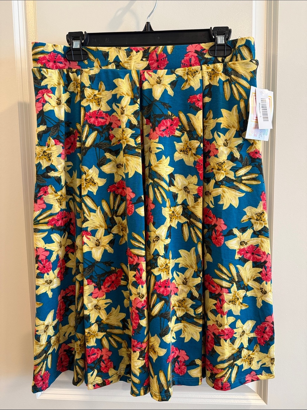 LuLaRoe Madison Skirt w/ POCKETS! Teal Floral with Yellow and Pink Blooms